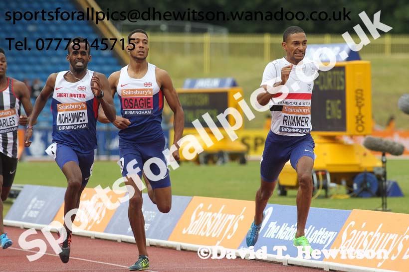 Michael Rimmer (Liverpool Pembroke) outsprints Mukhtar Mohammed (Sheffield RC) 2nd and Andrew Osagie (Harlow) 3rd, 800 metres, 2014 Sainsbury's British Championships. Photo: David T. Hewitson/Sports for All Pics